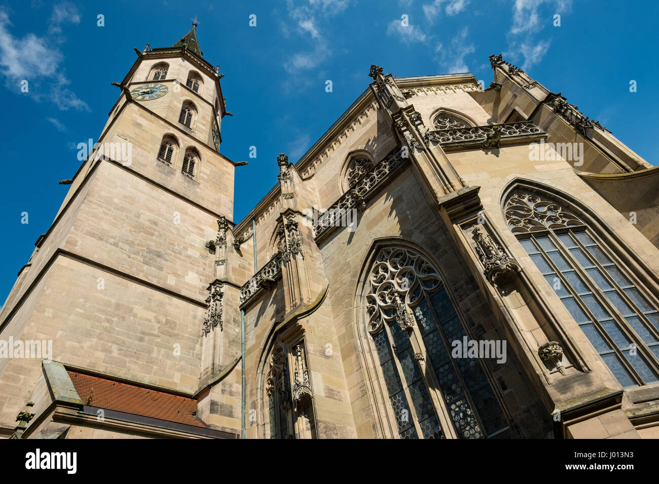 Protestand church with steeple in Schorndorf with worm`s eye view Stock Photo